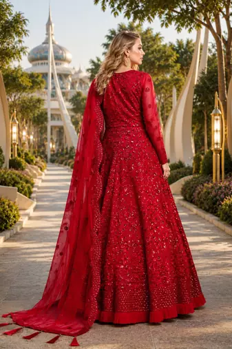 Red embroidered net semi stitched anarkali suit