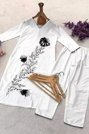 White rayon embroidered kurta set