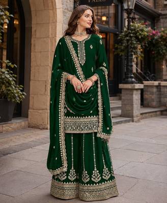 Dark green premium georgette embroidered semi stitched salwar suit 1