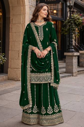Dark green premium georgette embroidered semi stitched salwar suit