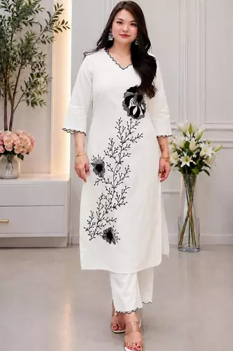 White rayon embroidered kurta set
