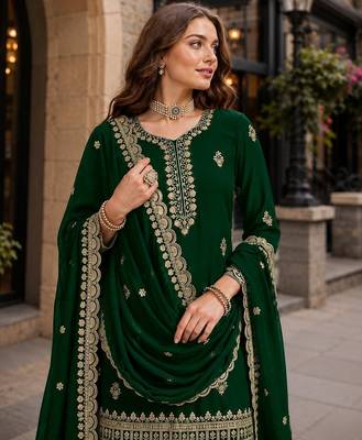 Dark green premium georgette embroidered semi stitched salwar suit 2