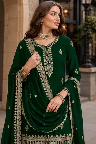 Dark green premium georgette embroidered semi stitched salwar suit