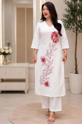 White rayon embroidered kurta set