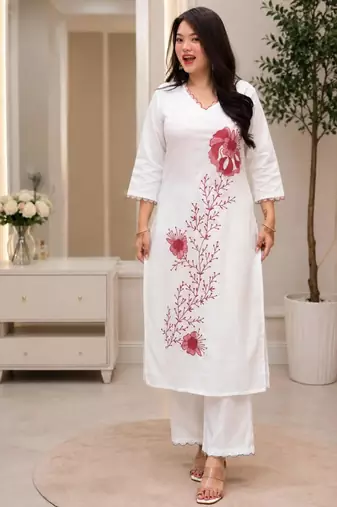 White rayon embroidered kurta set