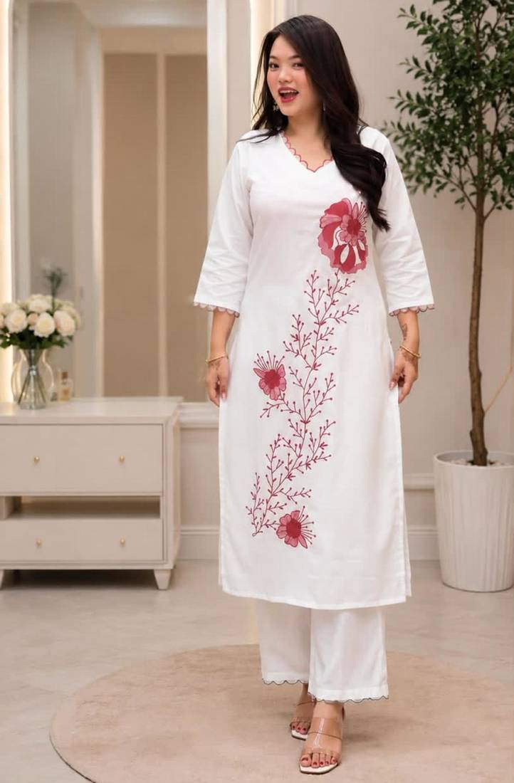 White rayon embroidered kurta set