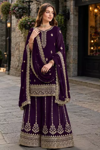 Purple premium georgette embroidered semi stitched salwar suit