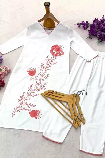 White rayon embroidered kurta set