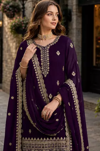 Purple premium georgette embroidered semi stitched salwar suit