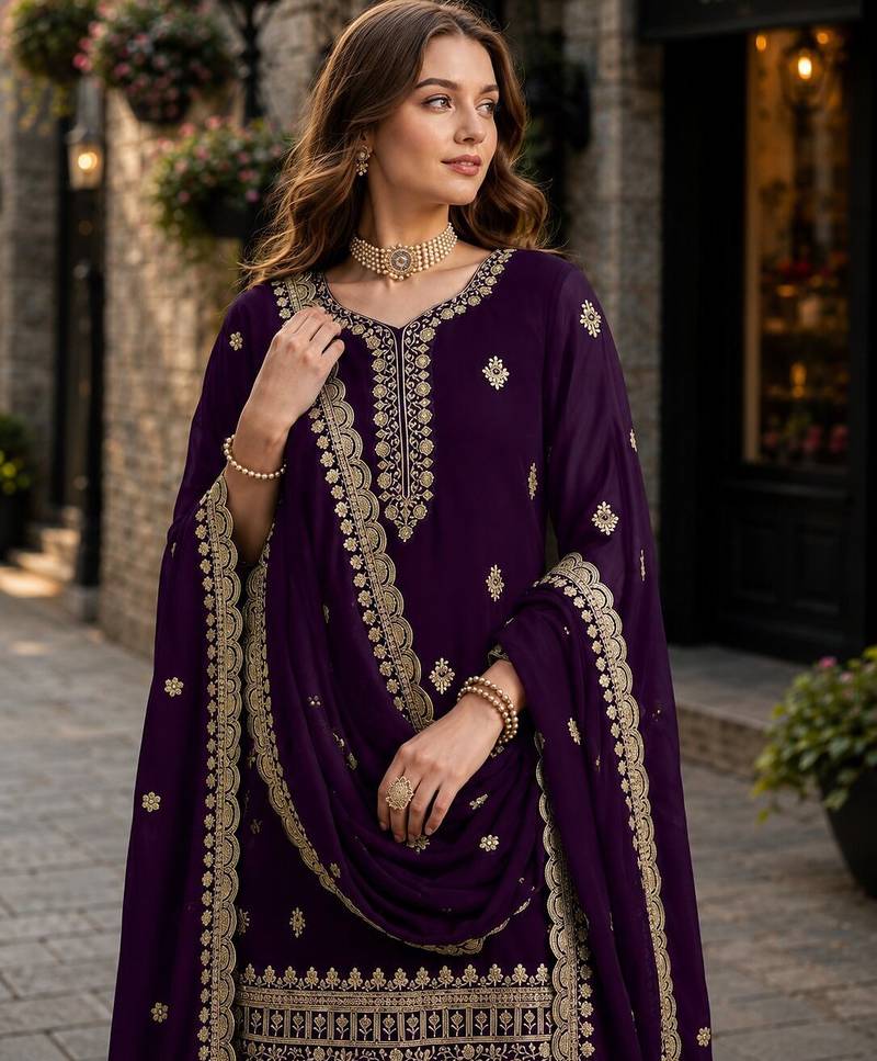Purple premium georgette embroidered semi stitched salwar suit