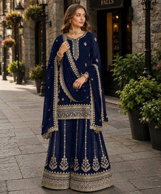 Navy blue premium georgette embroidered semi stitched salwar suit 1