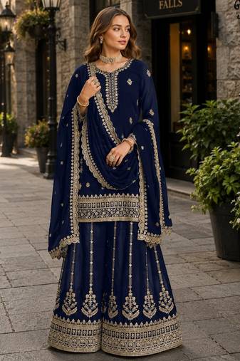 Navy blue premium georgette embroidered semi stitched salwar suit