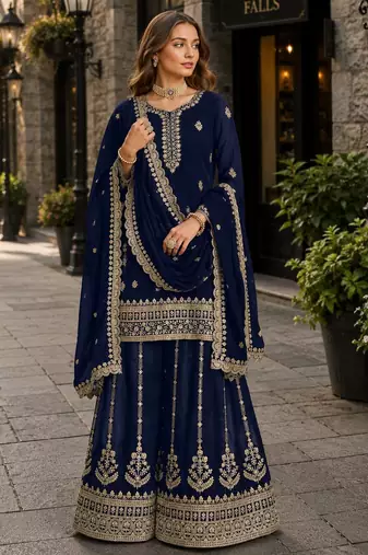 Navy blue premium georgette embroidered semi stitched salwar suit
