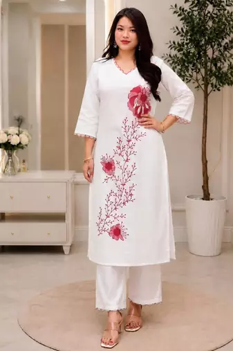 White rayon embroidered kurta set