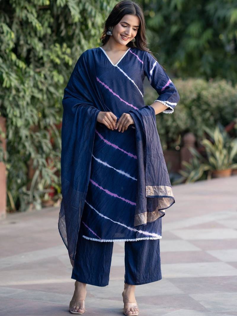 Women Dyed Angrakha Kurta with Trousers & With Dupatta
