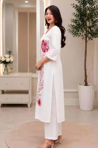 White rayon embroidered kurta set
