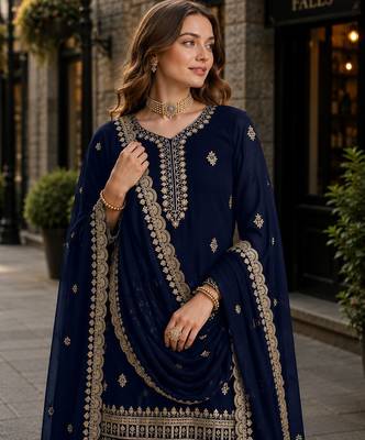 Navy blue premium georgette embroidered semi stitched salwar suit 2
