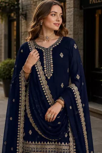 Navy blue premium georgette embroidered semi stitched salwar suit