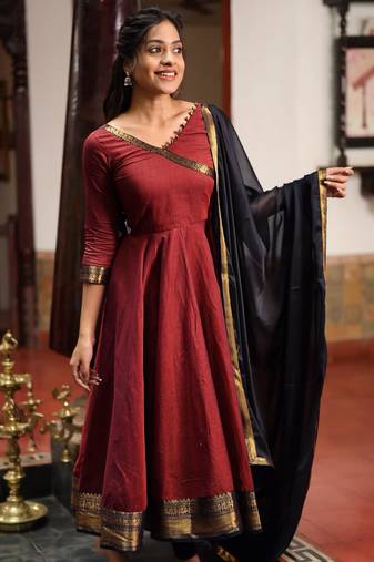 Maroon silk zari woven flared gown set