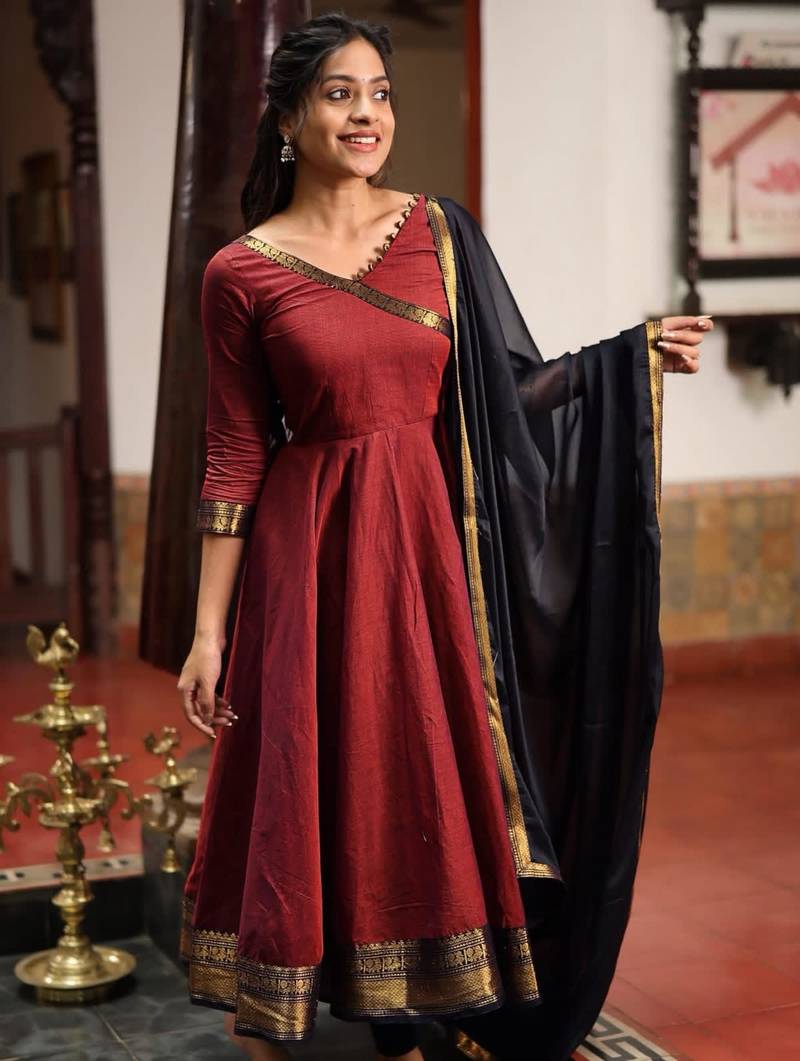 Maroon silk zari woven flared gown set