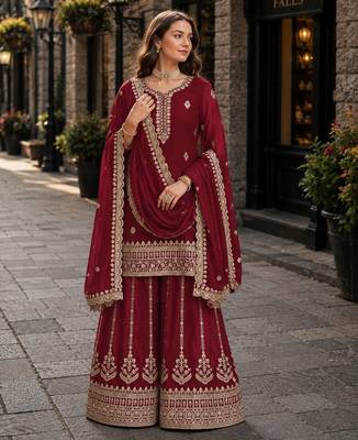 Maroon premium georgette embroidered semi stitched salwar suit 1
