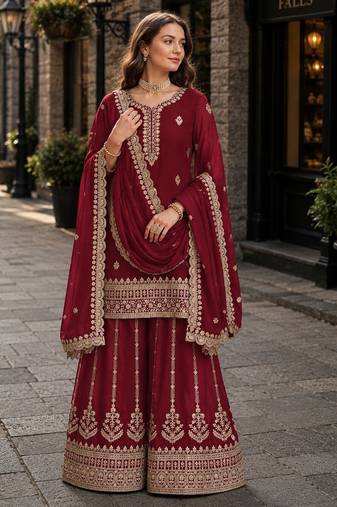 Maroon premium georgette embroidered semi stitched salwar suit