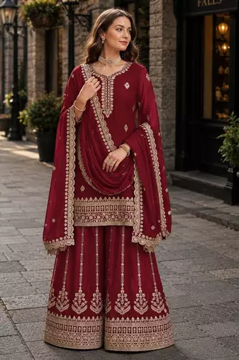 Maroon premium georgette embroidered semi stitched salwar suit