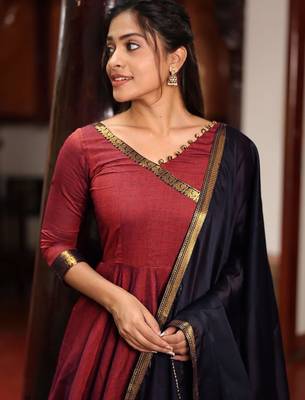 Maroon silk zari woven flared gown set 2