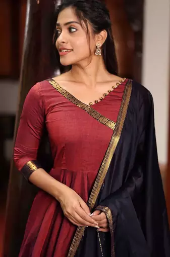 Maroon silk zari woven flared gown set
