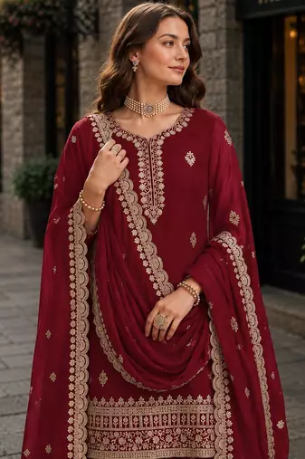 Maroon premium georgette embroidered semi stitched salwar suit