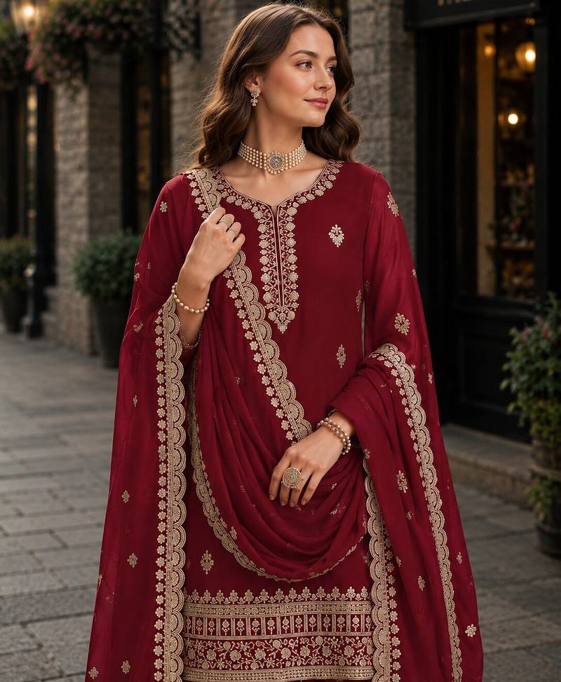 Maroon premium georgette embroidered semi stitched salwar suit