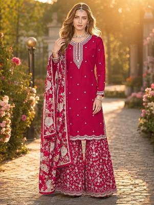 Red roman silk embroidered semi-stitched salwar suit 1
