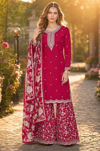 Red roman silk embroidered semi-stitched salwar suit