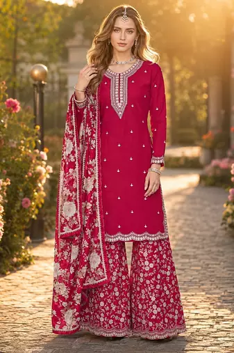 Red roman silk embroidered semi-stitched salwar suit