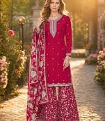 Red roman silk embroidered semi-stitched salwar suit
