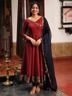 Maroon silk zari woven flared gown set 4