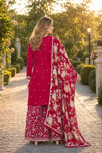 Red roman silk embroidered semi-stitched salwar suit