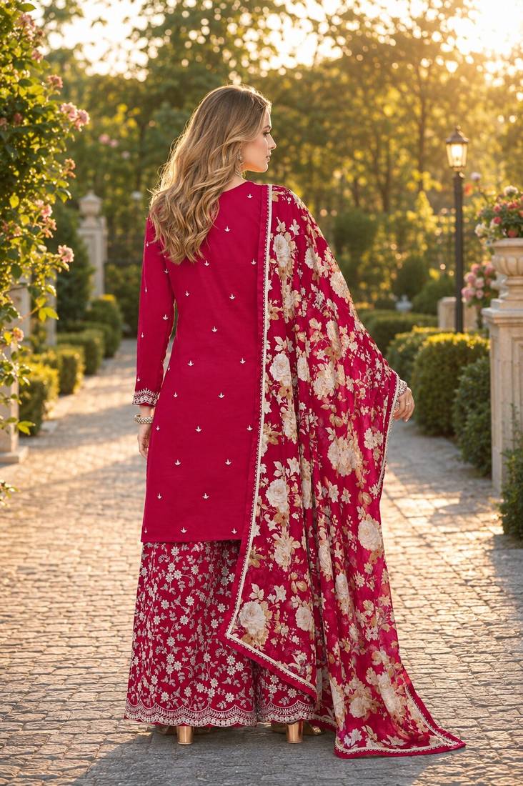 Red roman silk embroidered semi-stitched salwar suit