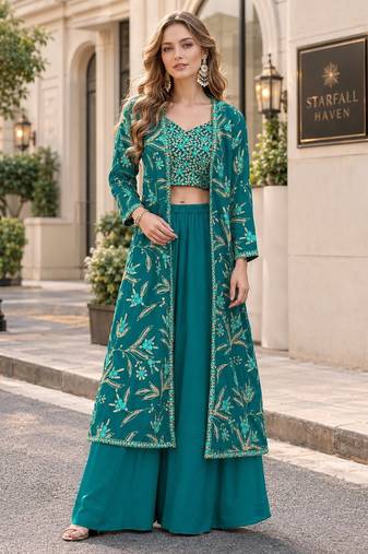 Turquoise fauk gerogette sequence embroidered stitched ethnic suit (free size) UP To 44
