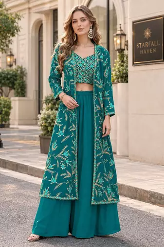 Turquoise fauk gerogette sequence embroidered stitched ethnic suit (free size) UP To 44