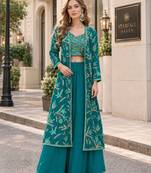 Turquoise fauk gerogette sequence embroidered stitched ethnic suit (free size) UP To 44