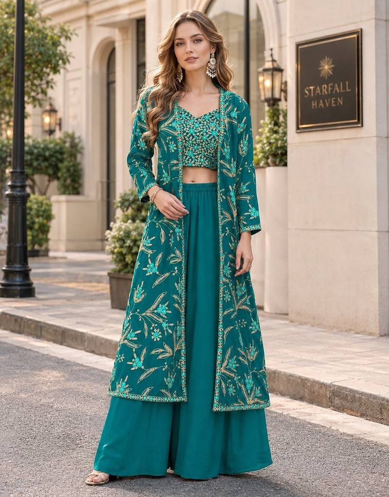 Turquoise fauk gerogette sequence embroidered stitched ethnic suit (free size) UP To 44