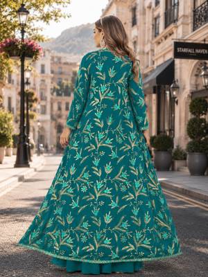 Turquoise fauk gerogette sequence embroidered stitched ethnic suit (free size) UP To 44 2