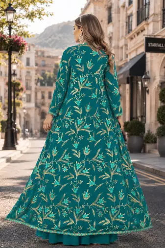 Turquoise fauk gerogette sequence embroidered stitched ethnic suit (free size) UP To 44