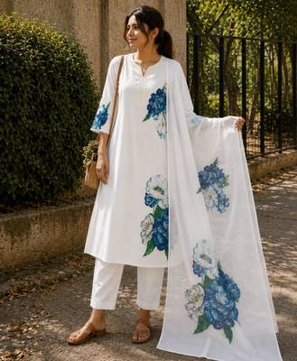 Cream cotton silk printed kurta set 1