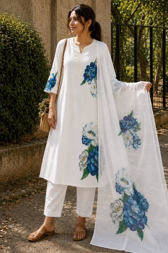 Cream cotton silk printed kurta set