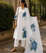 Cream cotton silk printed kurta set