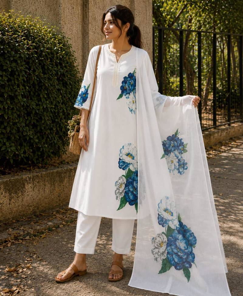 Cream cotton silk printed kurta set