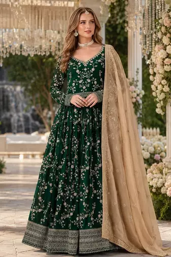 Dark green faux georgette jacquard embroidered work semi stitched anarkali suit