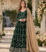 Dark green faux georgette jacquard embroidered work semi stitched anarkali suit